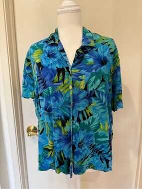 Tropical Blue Floral Button-Front Hawaiian Style Shirt Silver Lake 100% Rayon